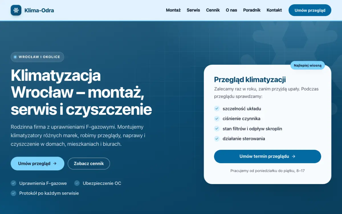 Strona główna projektu demonstracyjnego Klima-Odra: firma klimatyzacyjna z Wrocławia